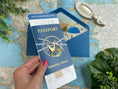 Load image into Gallery viewer, Blue and Gold Passport + Boarding Pass Wedding Invitation (Santorini, Greece)
