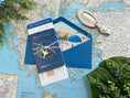 Load image into Gallery viewer, Blue and Gold Passport + Boarding Pass Wedding Invitation (Santorini, Greece)