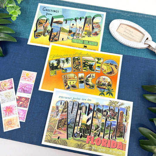 Retro Postcard Save the Dates for Destination Weddings