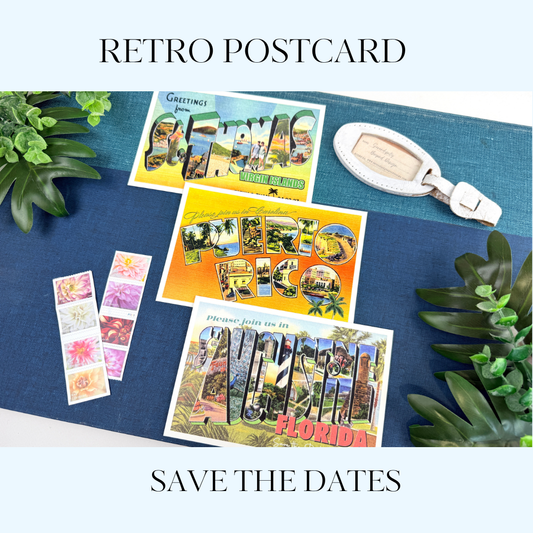 Retro Postcard Save the Dates for Destination Weddings