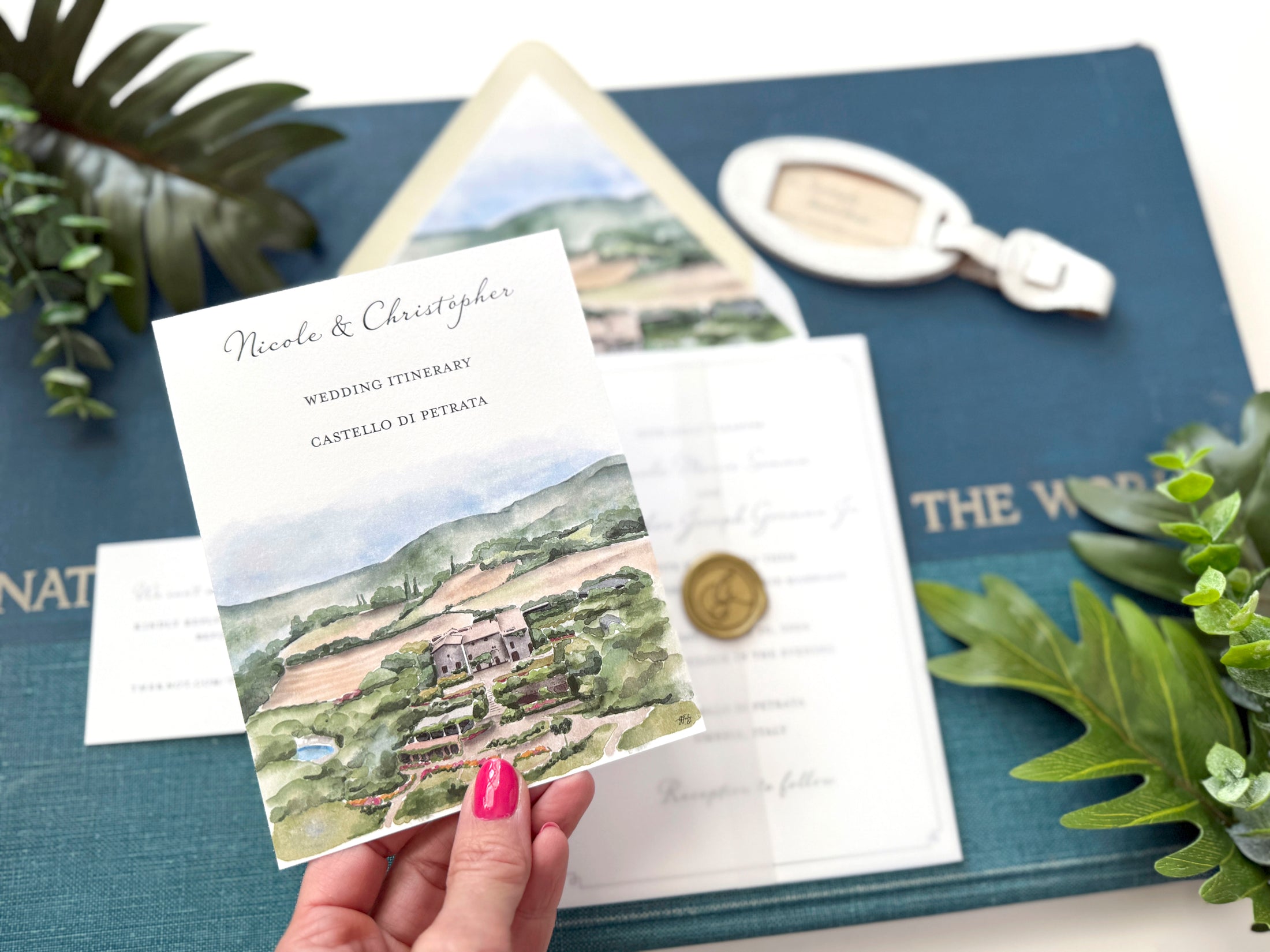 Italy Destination Wedding Invitation with Custom Watercolor Venue Illustration