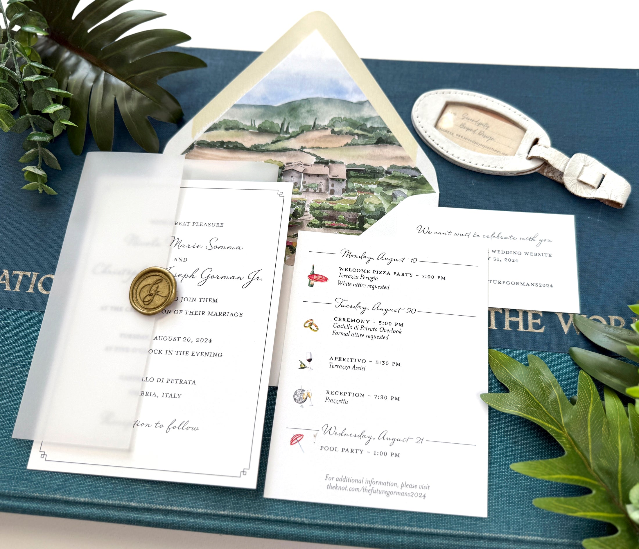 Italy Destination Wedding Invitation with Custom Watercolor Venue Illustration