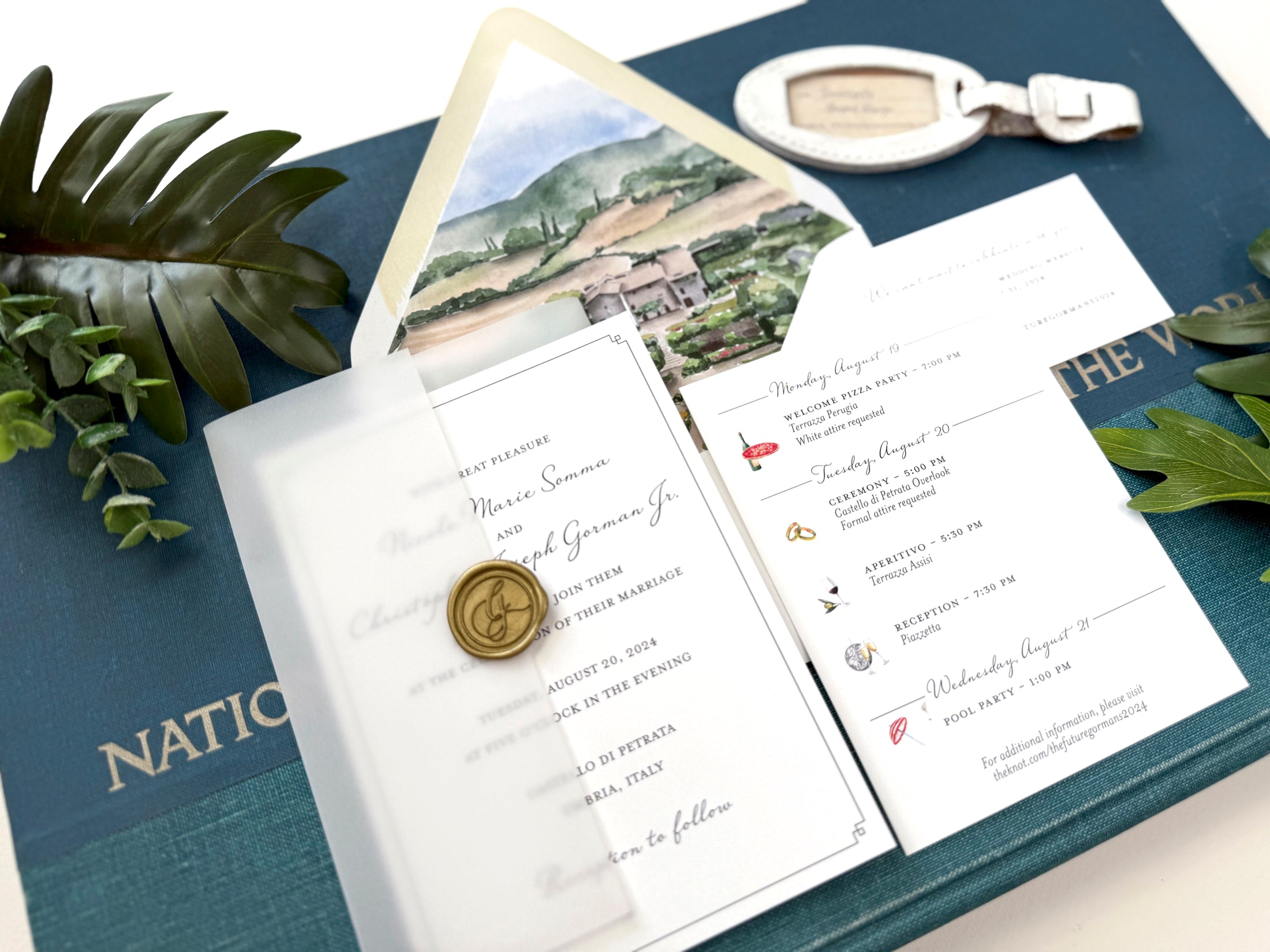 Italy Destination Wedding Invitation with Custom Watercolor Venue Illustration