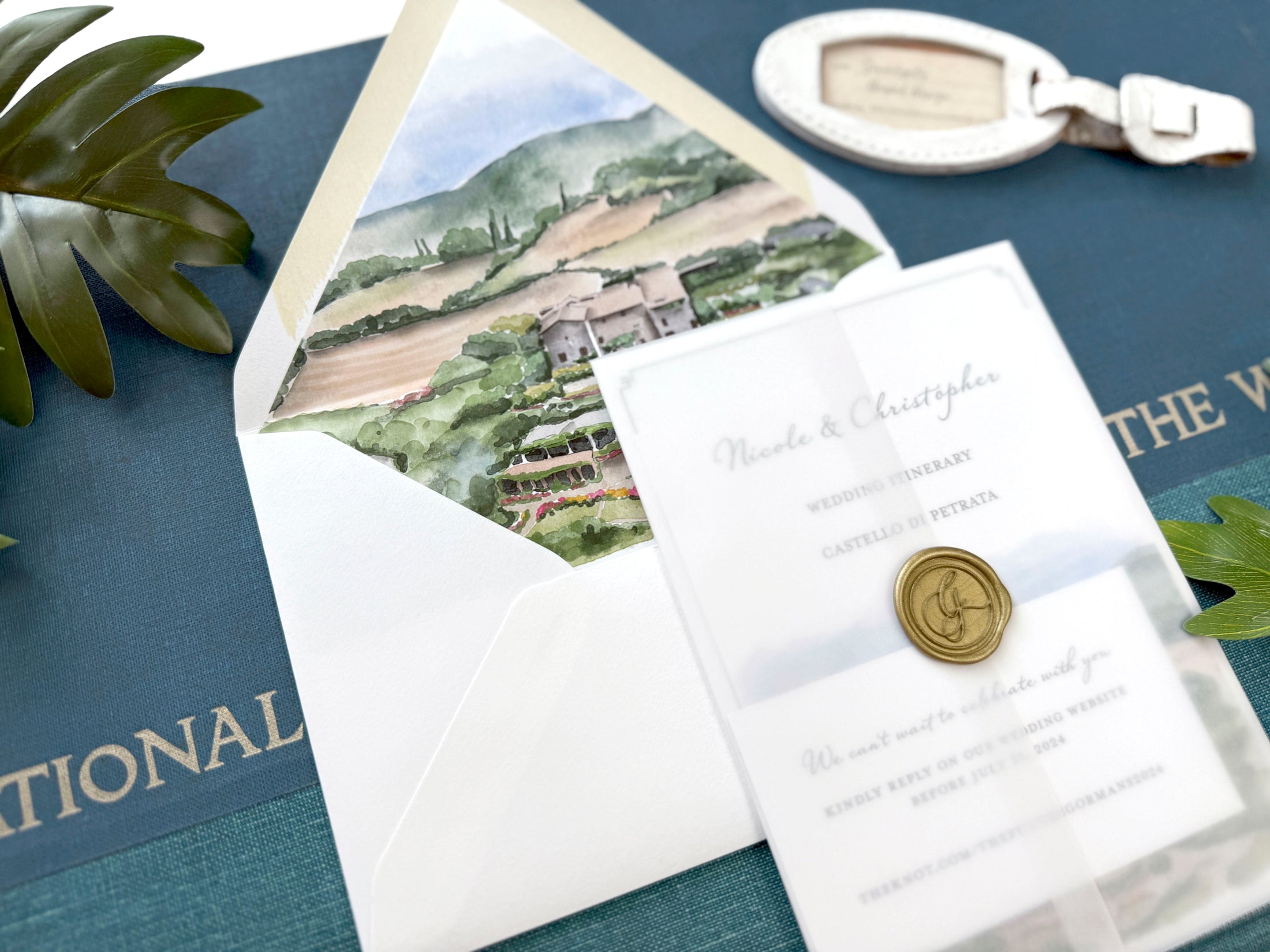Italy Destination Wedding Invitation with Custom Watercolor Venue Illustration