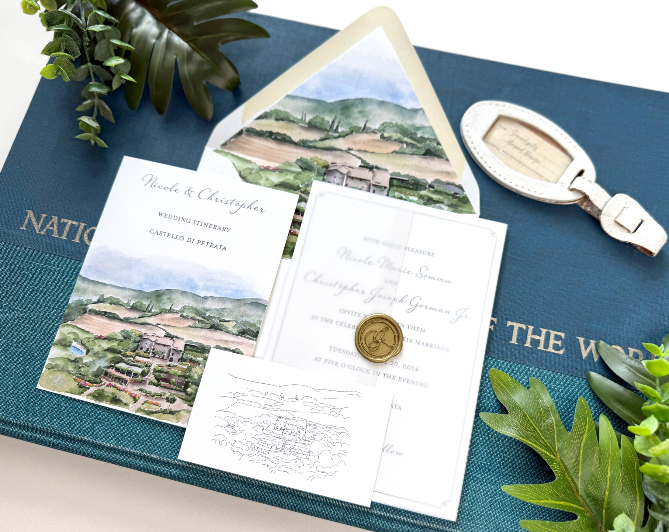 Italy Destination Wedding Invitation with Custom Watercolor Venue Illustration