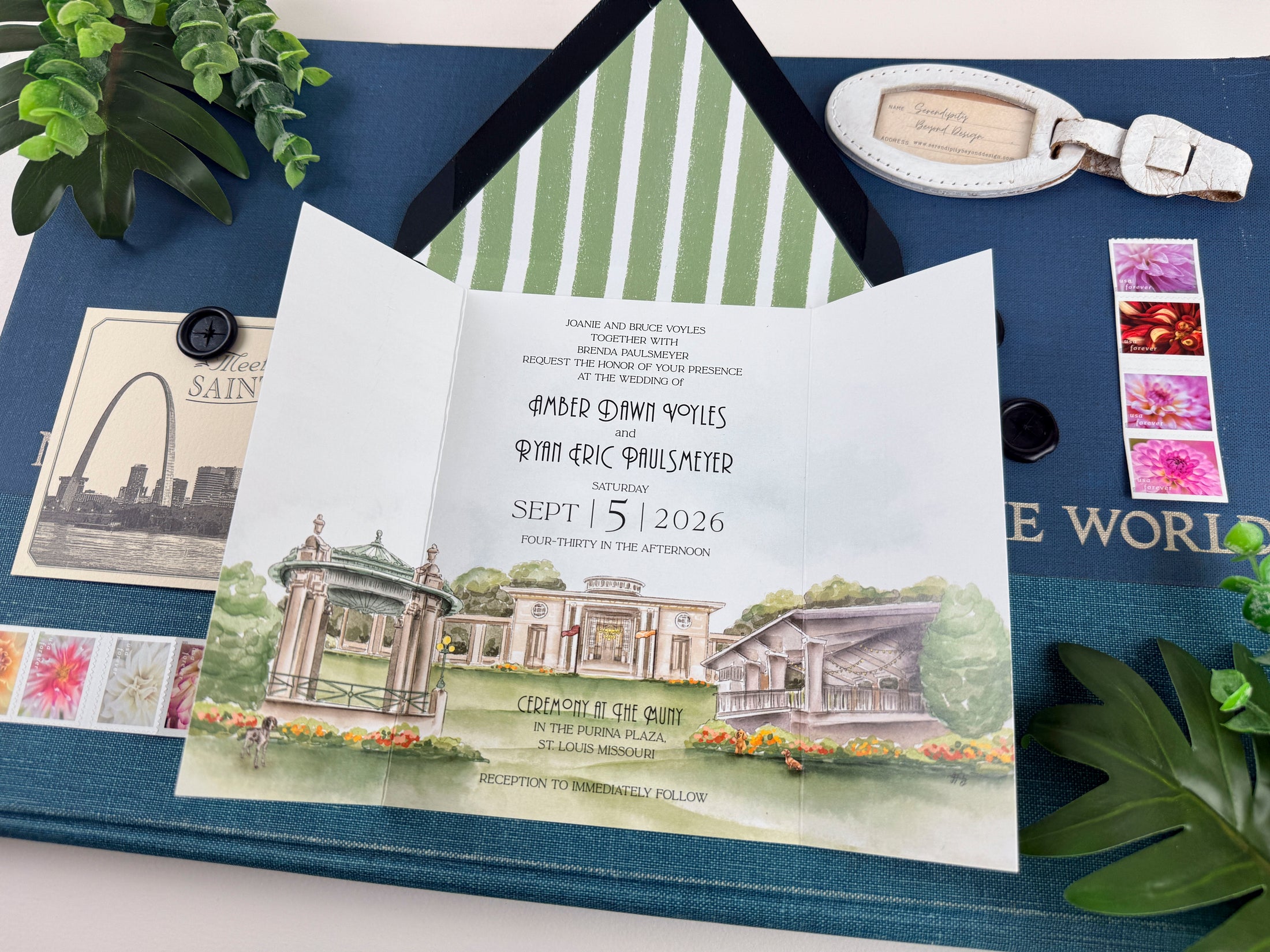 St. Louis - the Muny at Forest Park -  Watercolor Gatefold Wedding Invitation