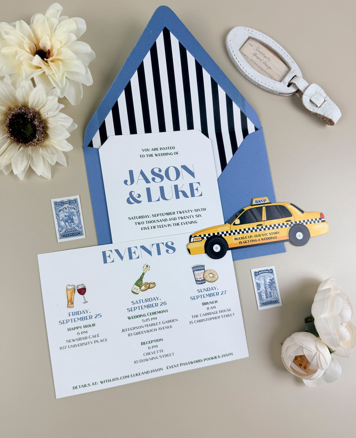 New York Custom Wedding Invitation - Taxi RSVP and Map