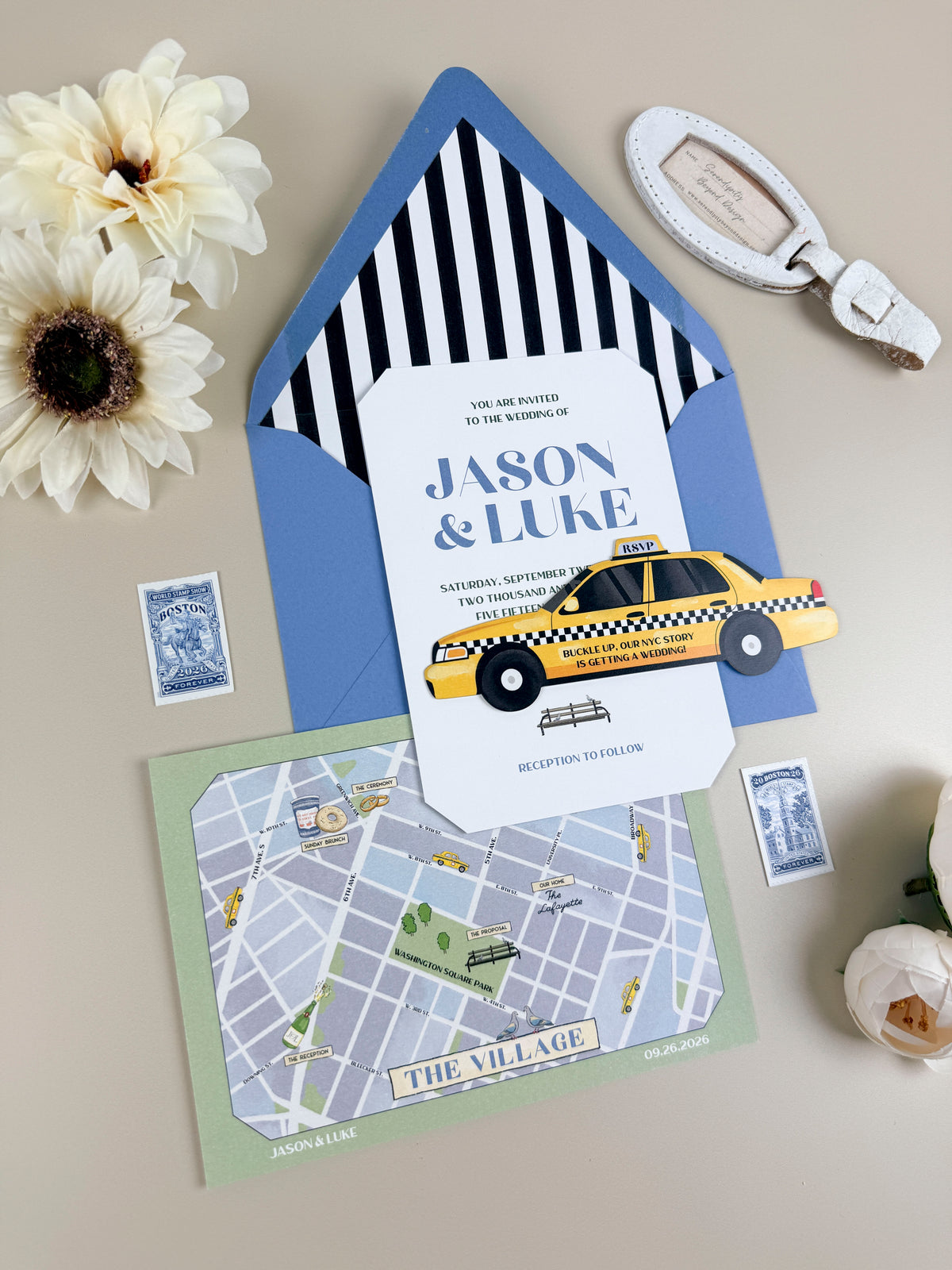 New York Custom Wedding Invitation - Taxi RSVP and Map