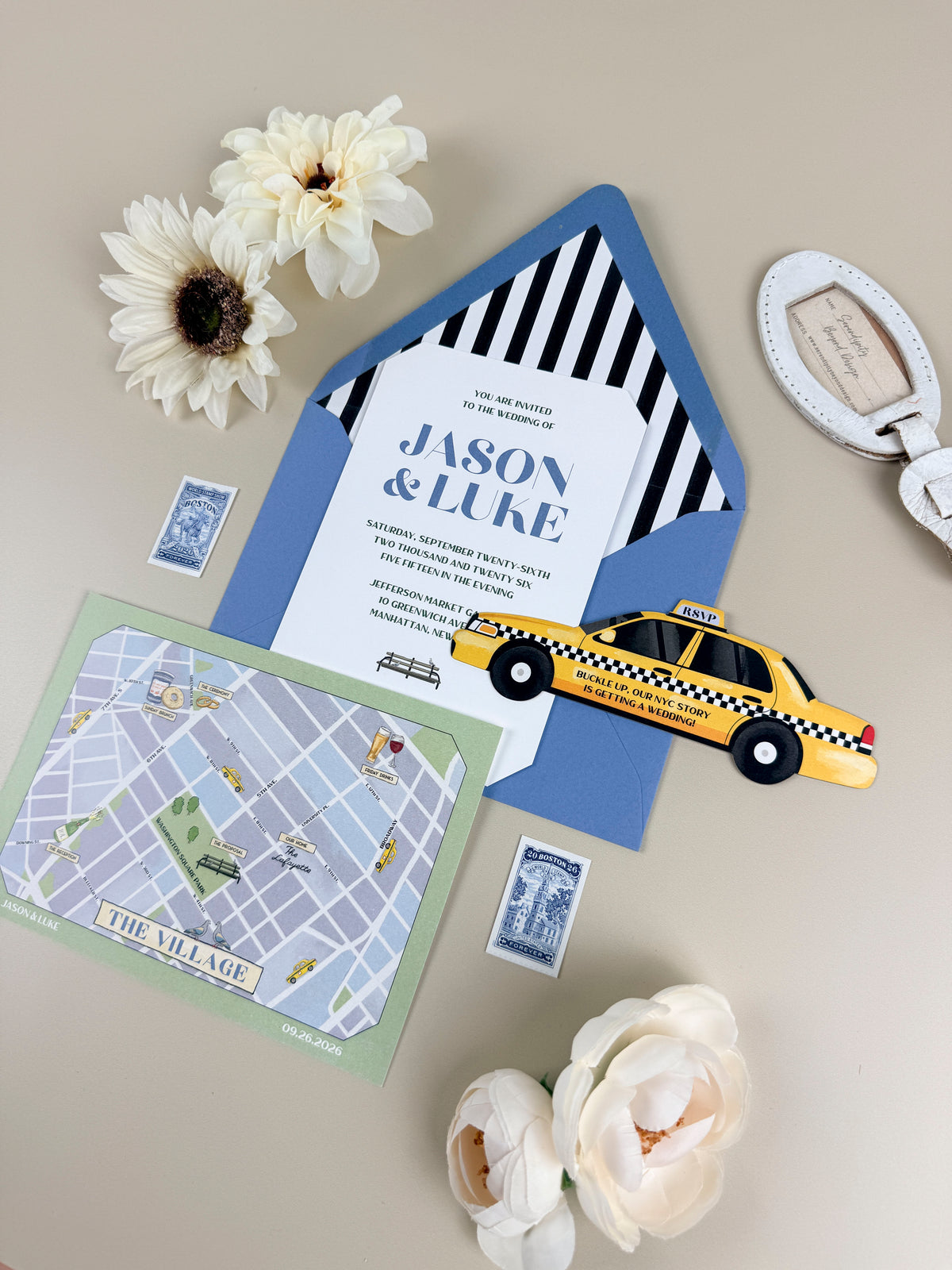 New York Custom Wedding Invitation - Taxi RSVP and Map