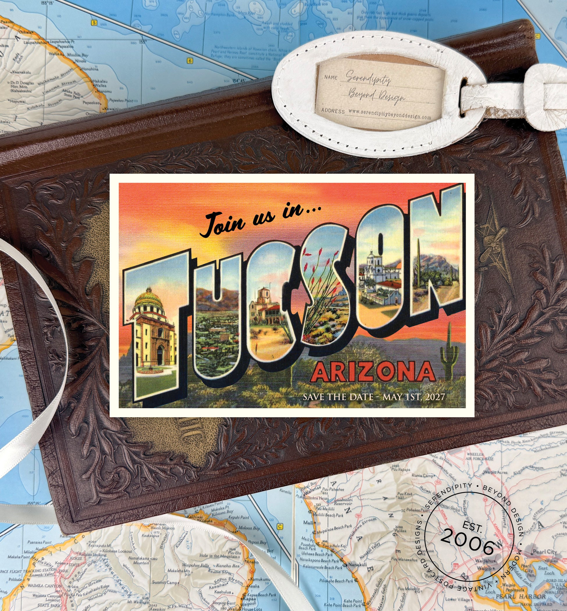 Save the Date - Tucson, Arizona (Desert Sunset) - Vintage Large Letter Postcard