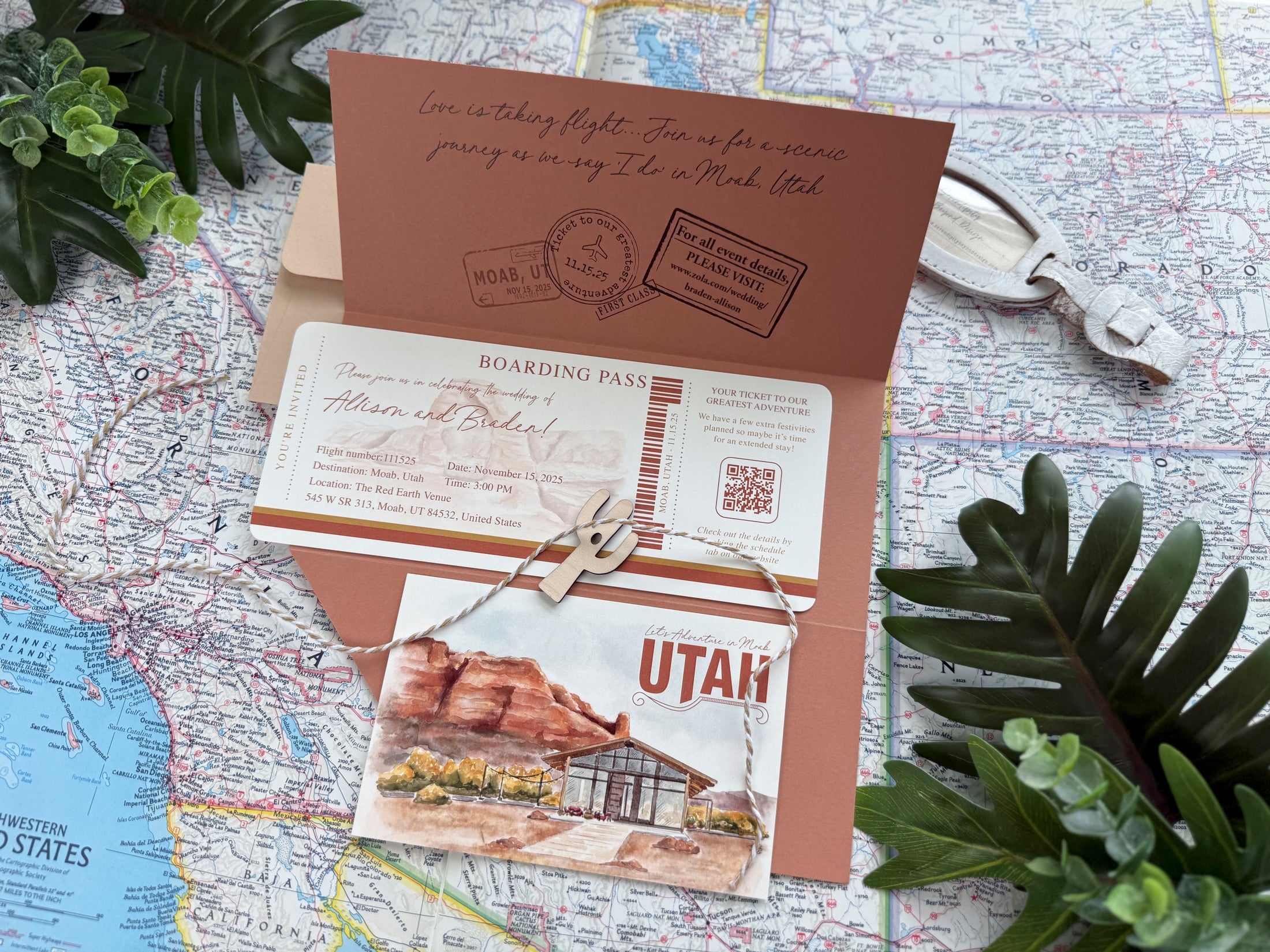 Custom Desert Mountain Watercolor Boarding Pass Wedding Invitation (Moab, Utah)