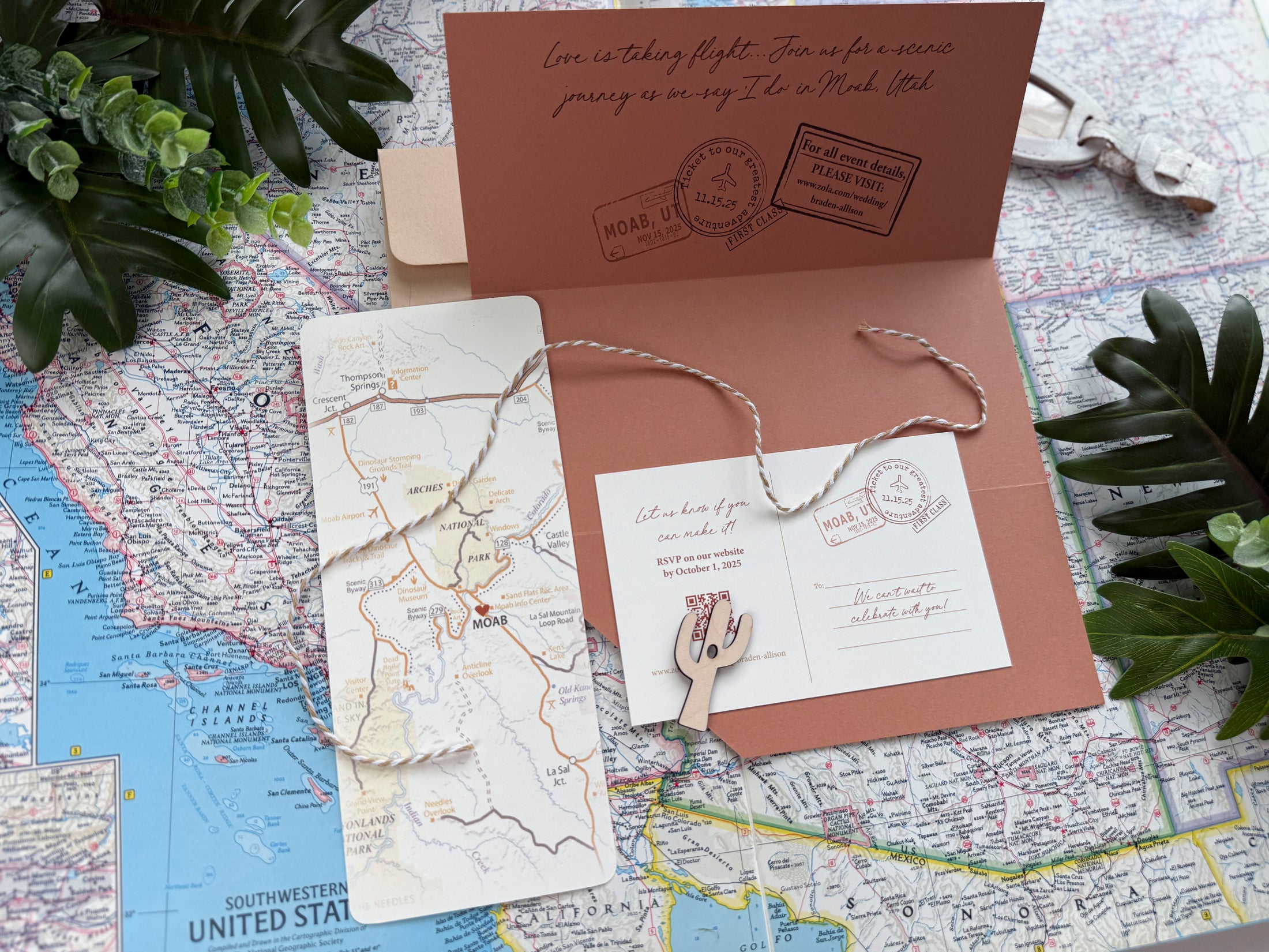 Custom Desert Mountain Watercolor Boarding Pass Wedding Invitation (Moab, Utah)