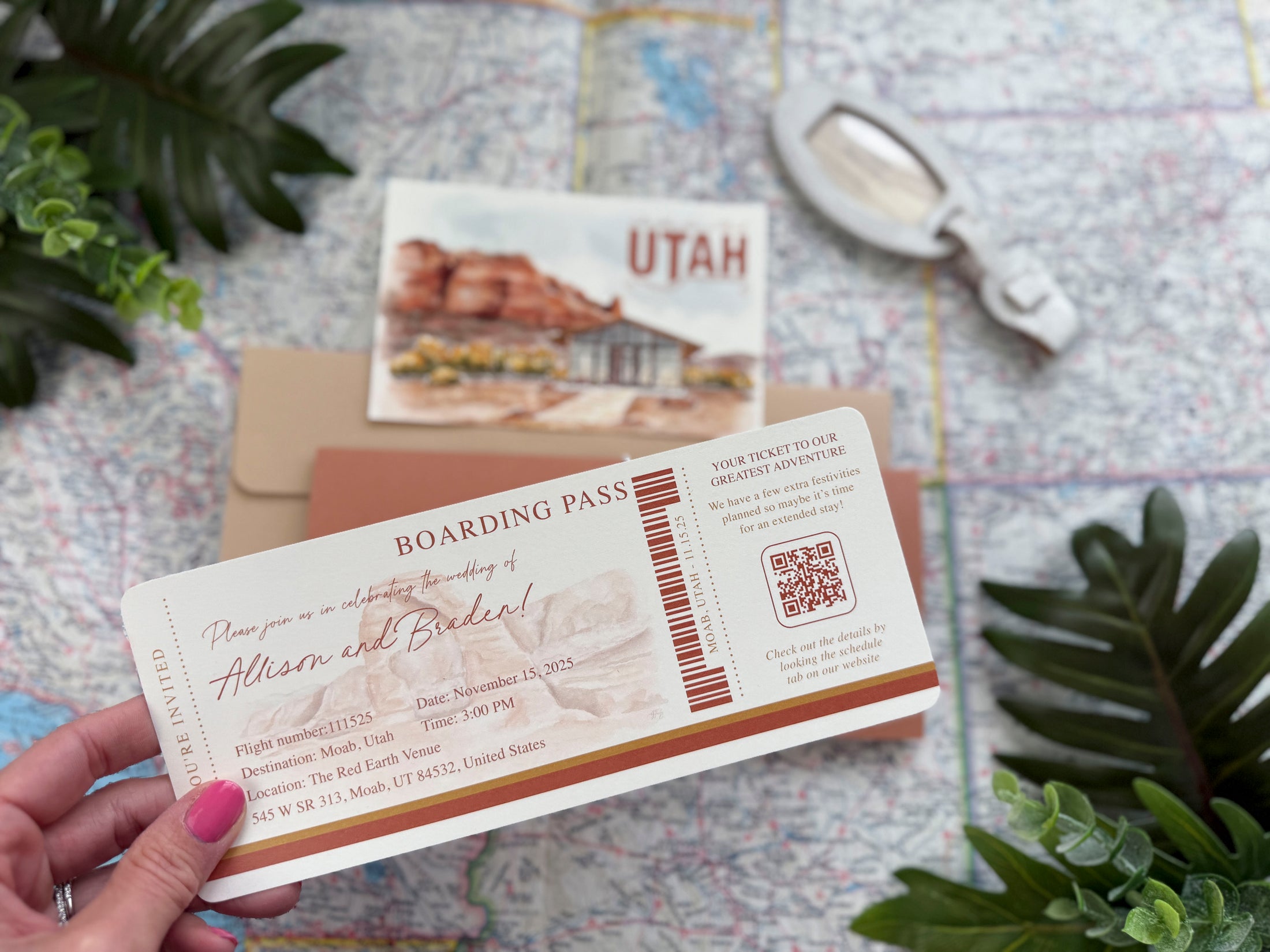 Custom Desert Mountain Watercolor Boarding Pass Wedding Invitation (Moab, Utah)
