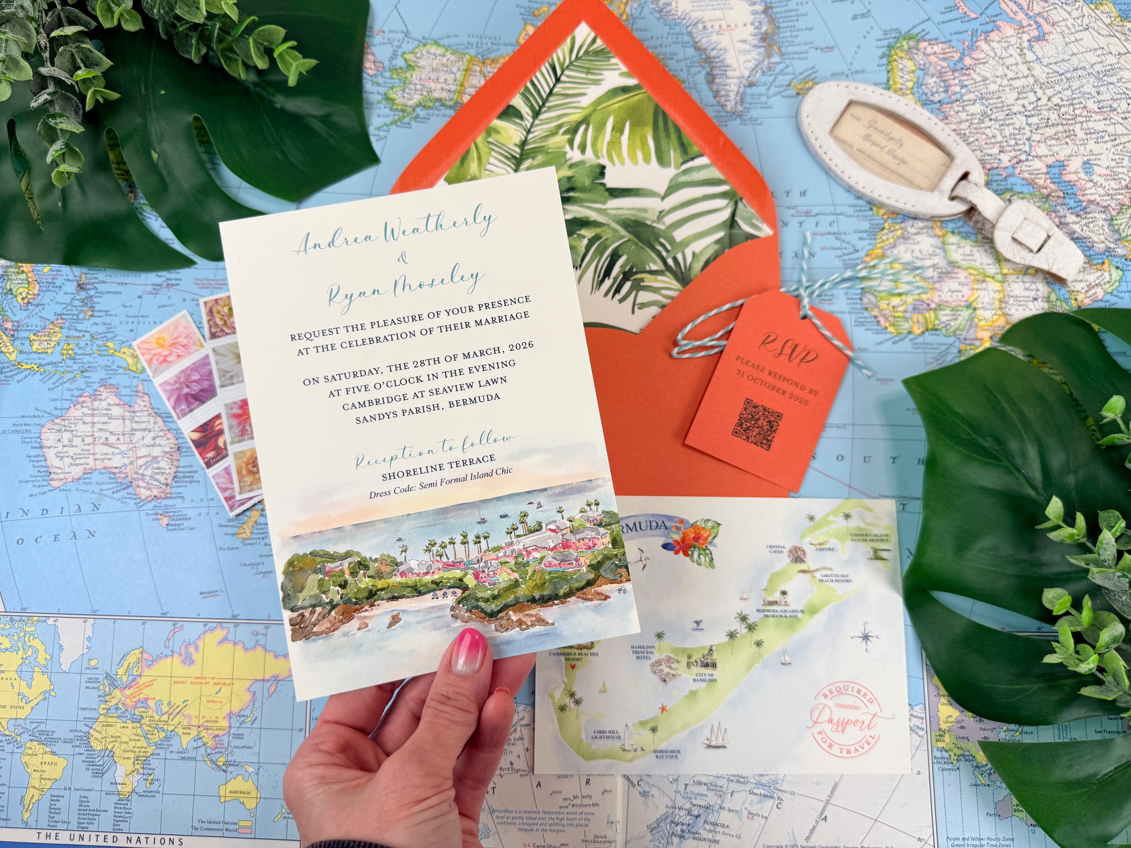 Bermuda Tropical Watercolor Wedding Invitation (Cambridge Beaches)