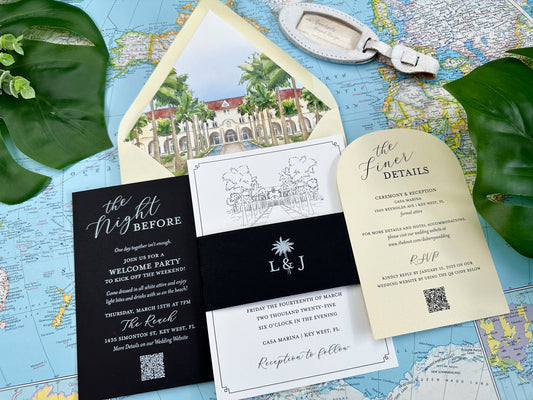 Casa Marina Elegant Watercolor Wedding Invitation - (Key West, Florida)
