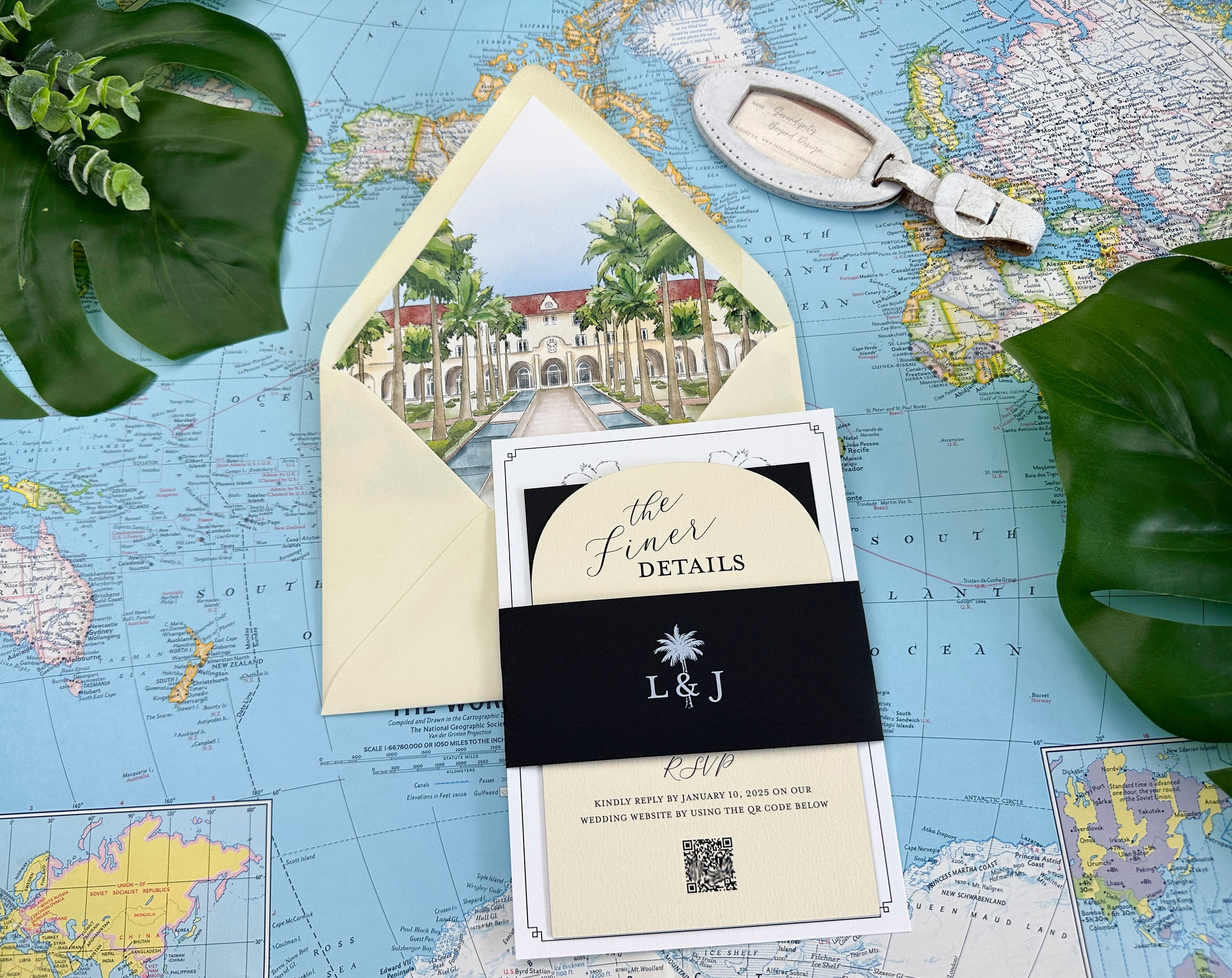 Casa Marina Elegant Watercolor Wedding Invitation - (Key West, Florida)