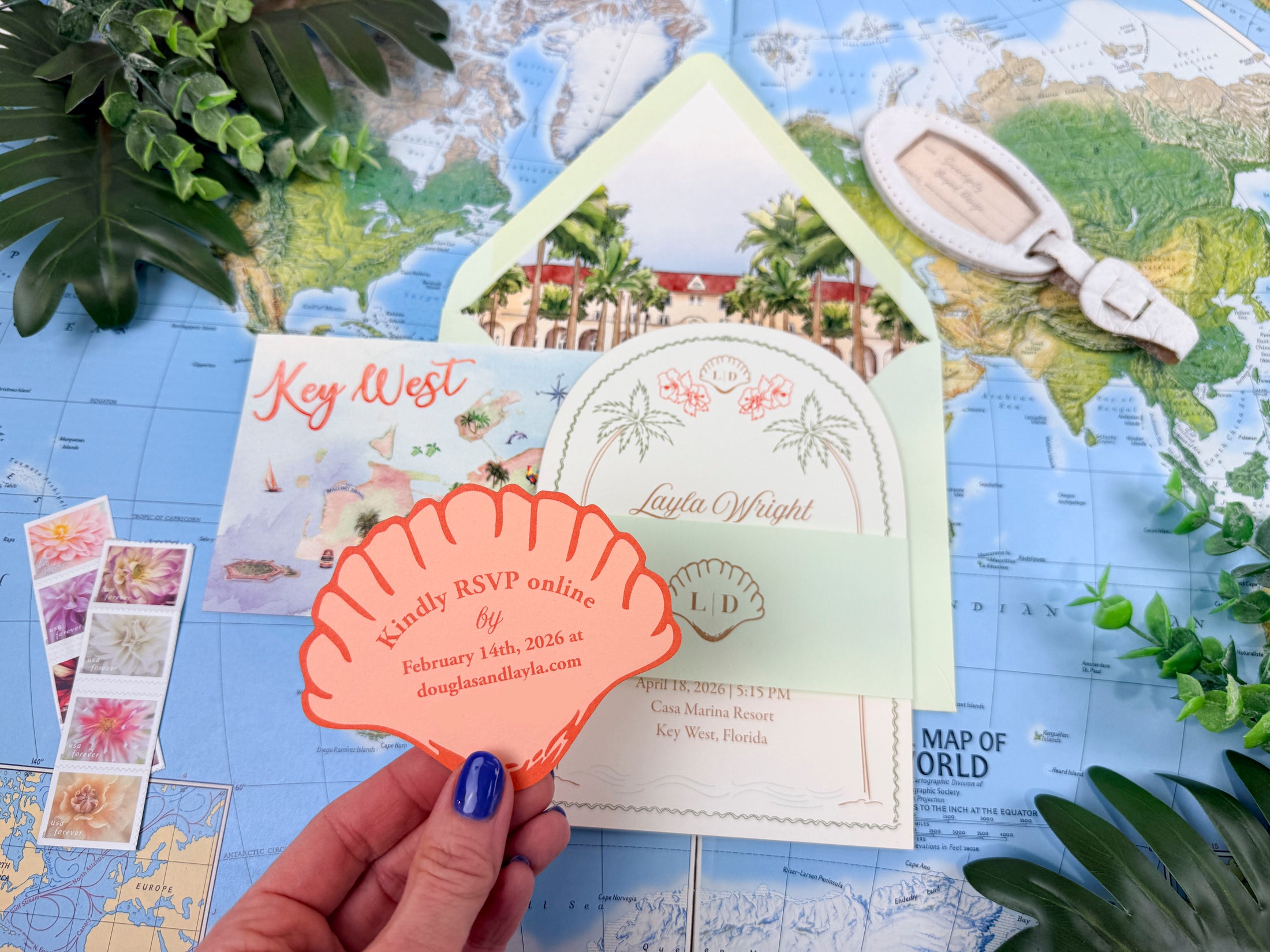 Key West Tropical Watercolor Wedding Invitation - (Casa Marina)