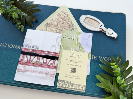 Chicago City Watercolor Gate Fold Wedding Invitation