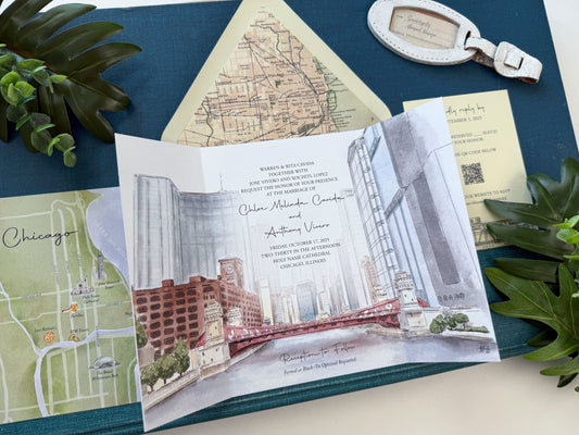 Chicago City Watercolor Gate Fold Wedding Invitation