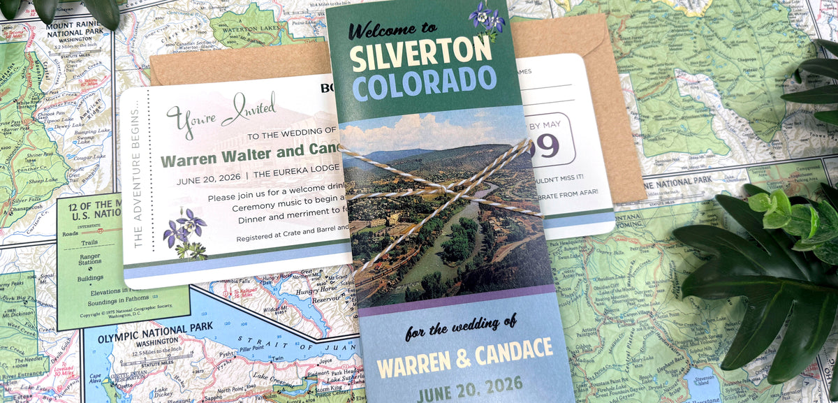 custom silverton, colorado destination wedding invitation brochure and ticket