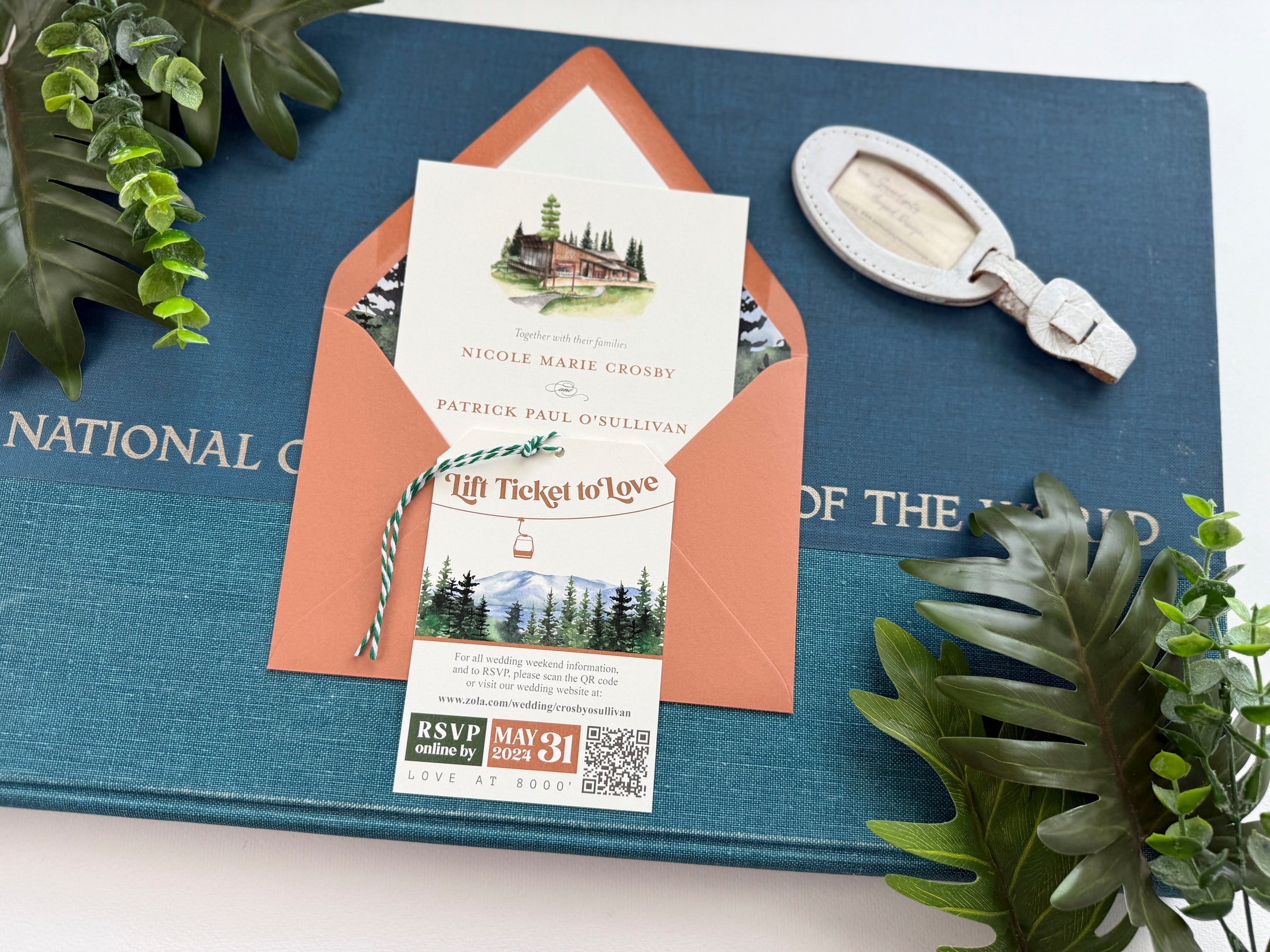 Watercolor Mountain Wedding Invitation with Ski Lift RSVP (Truckee, California)