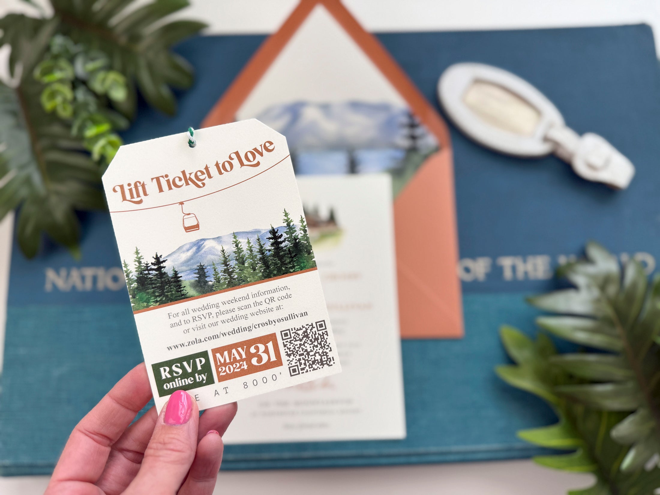 Watercolor Mountain Wedding Invitation with Ski Lift RSVP (Truckee, California)