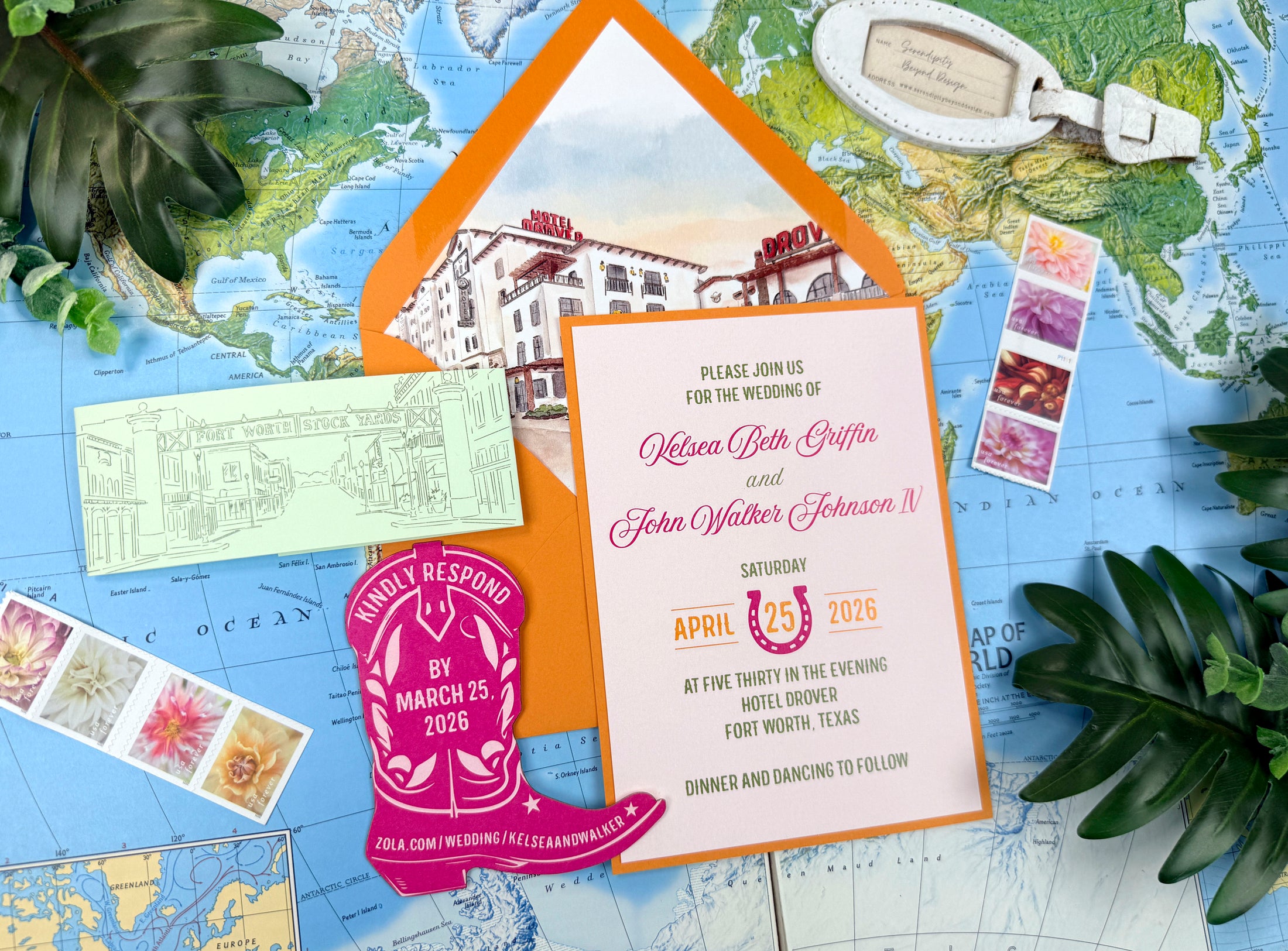 Hotel Drover Watercolor Wedding Invitation (Ft. Worth, Texas)