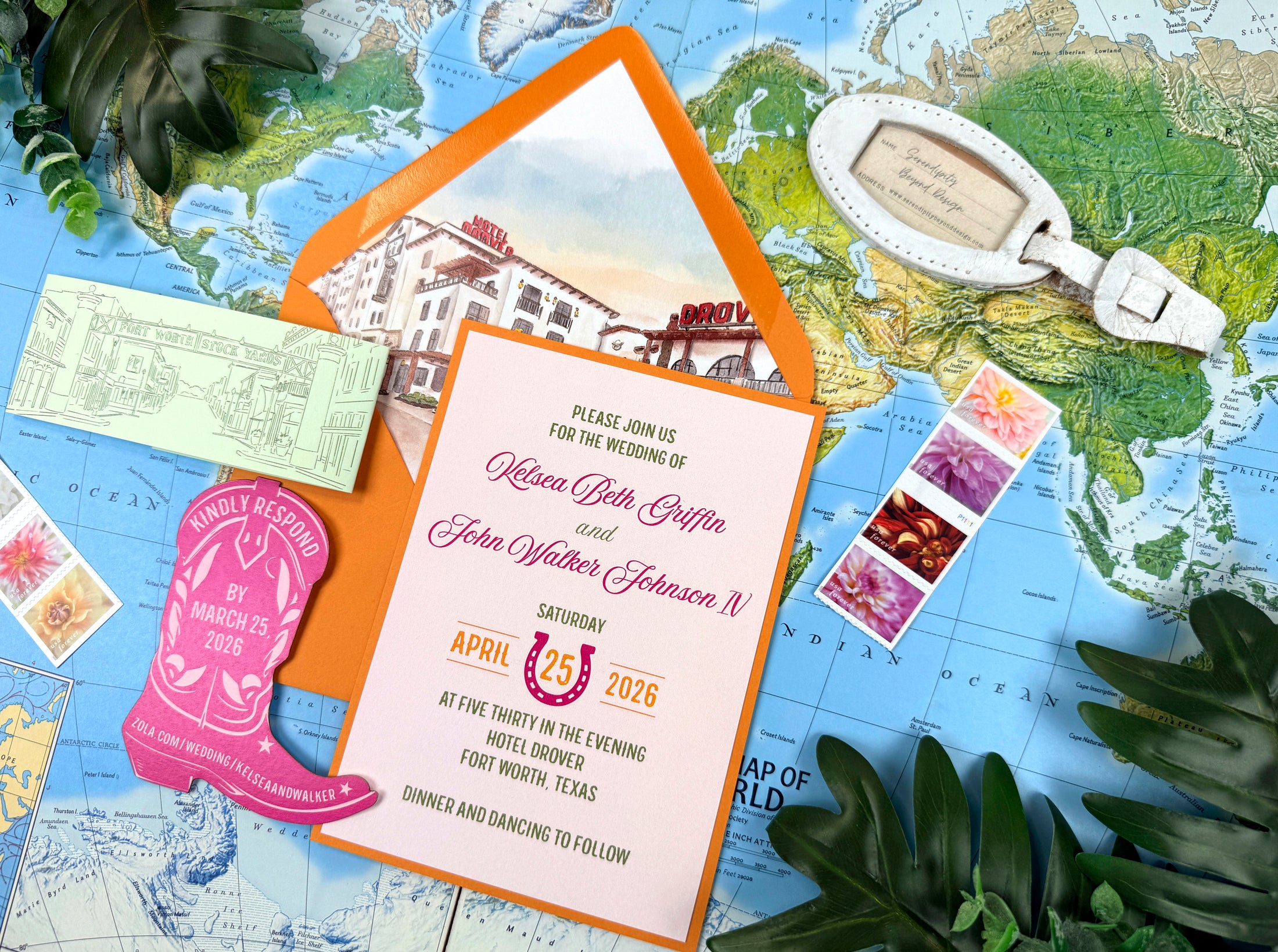 Hotel Drover Watercolor Wedding Invitation (Ft. Worth, Texas)