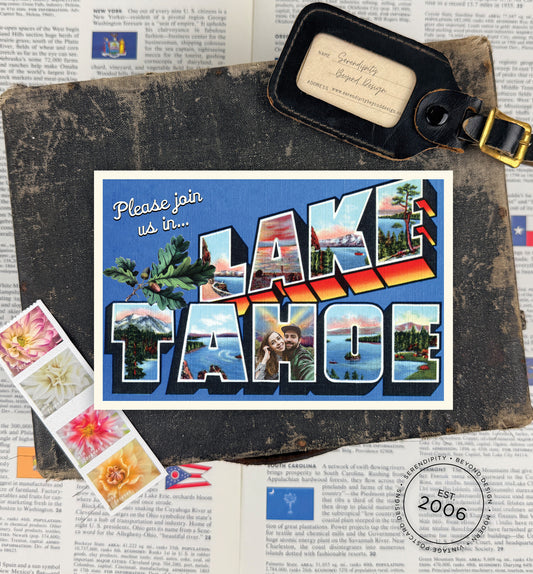Save the Date - Lake Tahoe, California - Vintage Large Letter Postcard