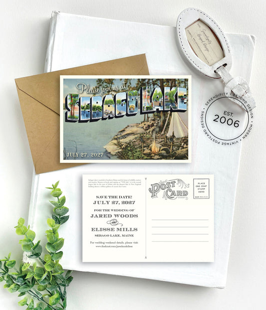 Save the Date - Sebago Lake, Maine - Vintage Large Letter Postcard