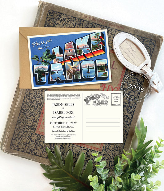 Save the Date - Lake Tahoe, California - Vintage Large Letter Postcard