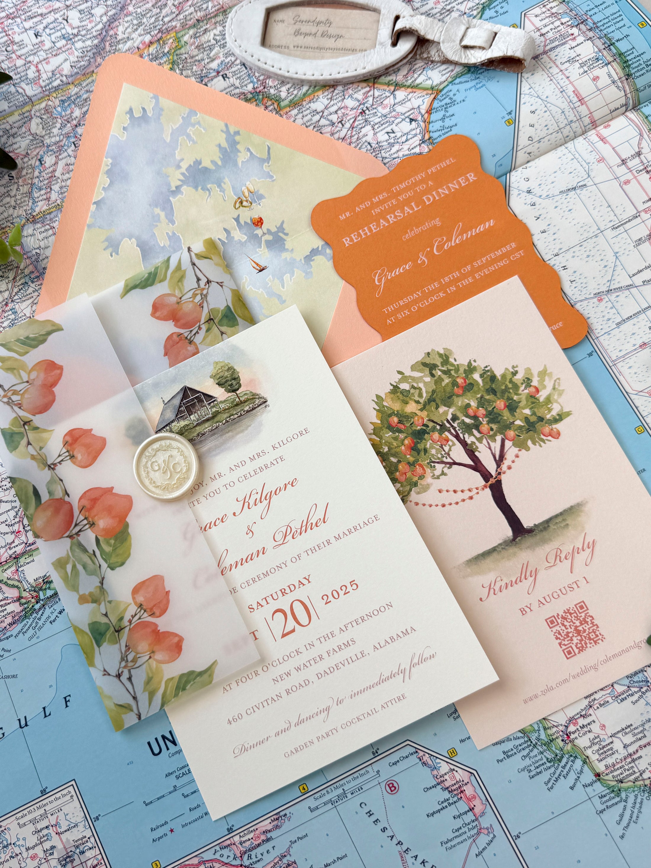 Citrus Vellum Custom Watercolor Invitation (New Water Farms, Alabama)