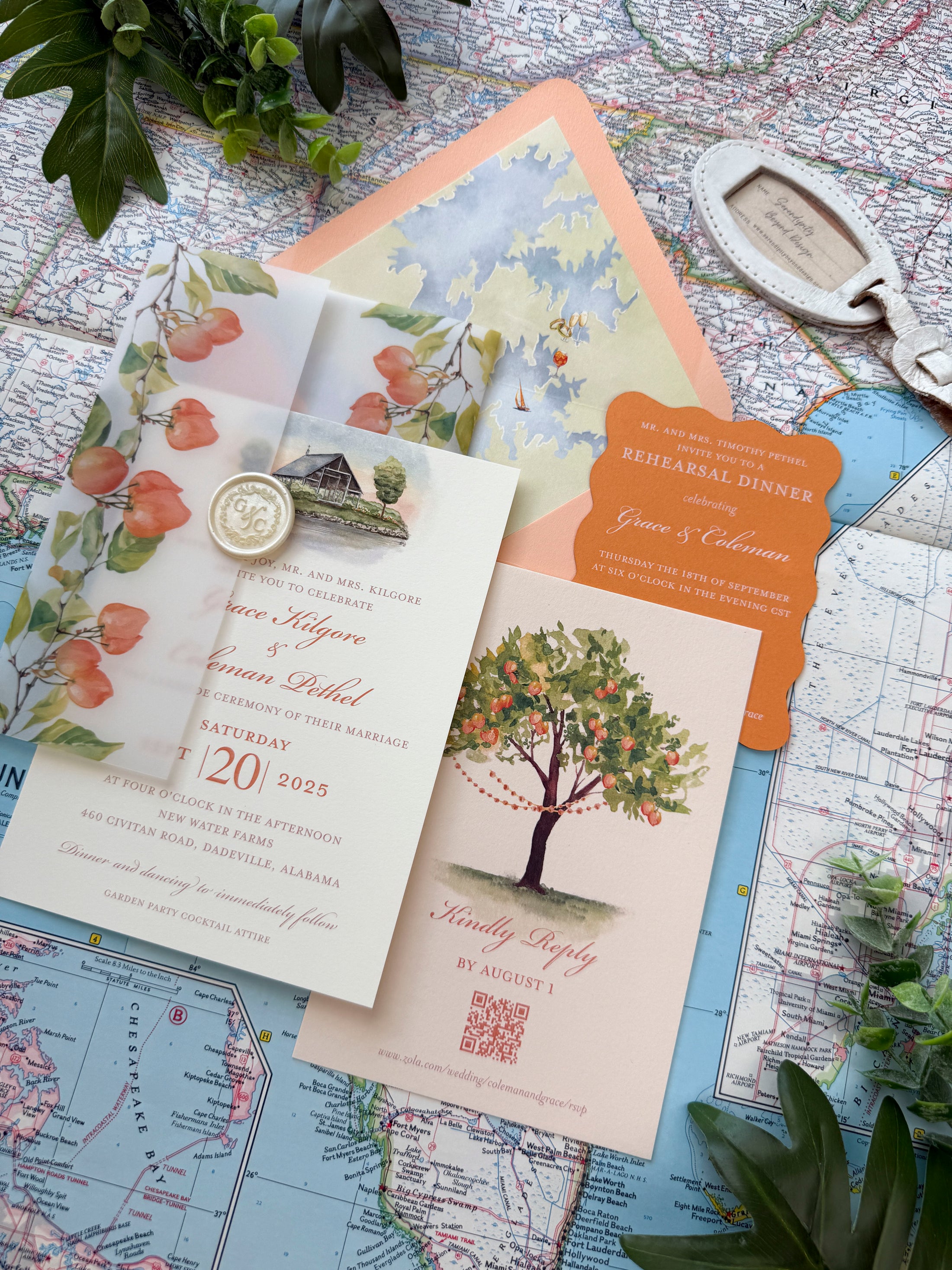 Citrus Vellum Custom Watercolor Invitation (New Water Farms, Alabama)