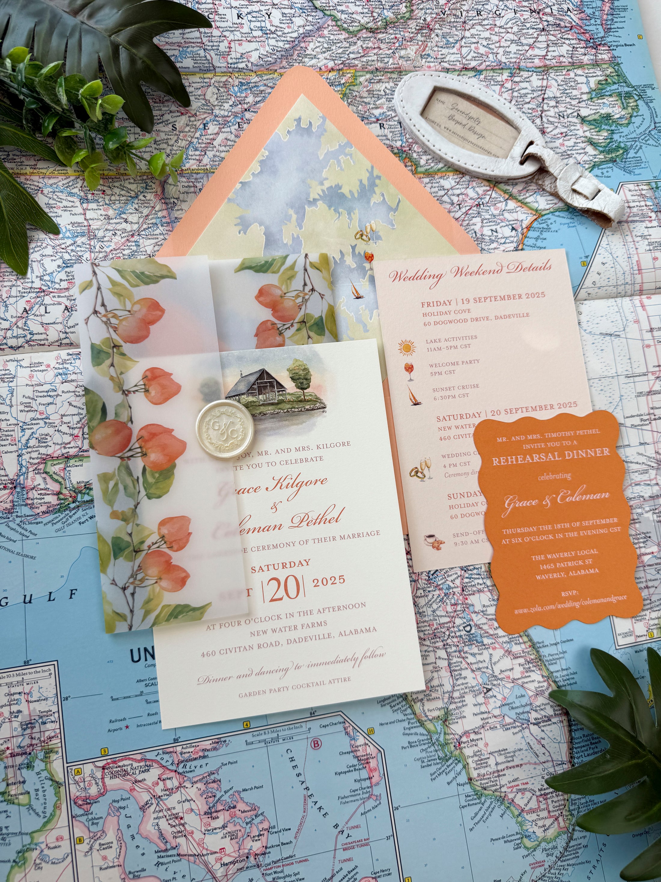Citrus Vellum Custom Watercolor Invitation (New Water Farms, Alabama)
