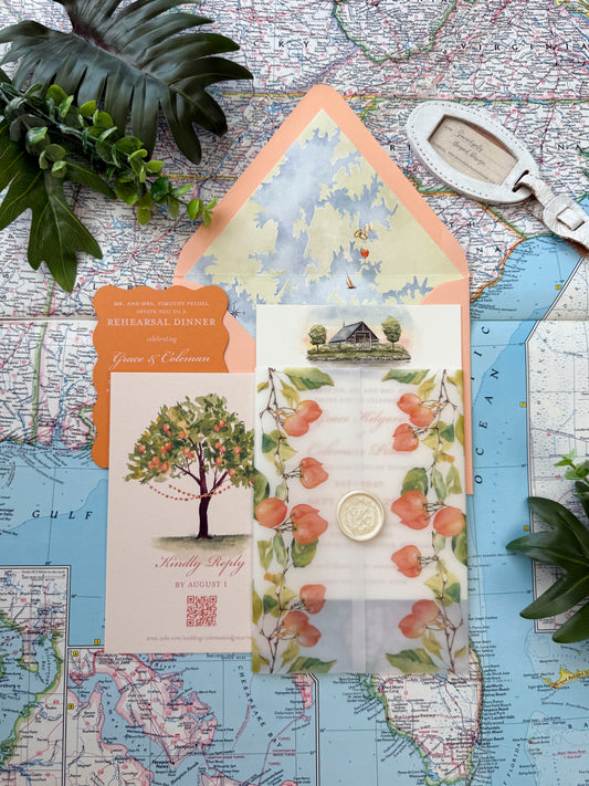 Citrus Vellum Custom Watercolor Invitation (New Water Farms, Alabama)