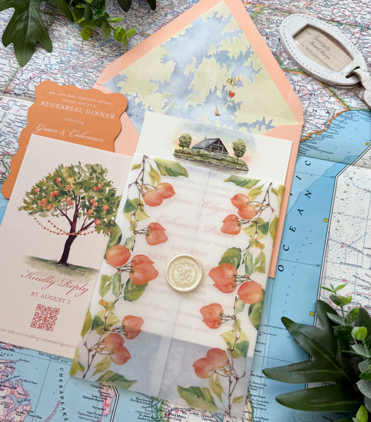 Citrus Vellum Custom Watercolor Invitation (New Water Farms, Alabama)