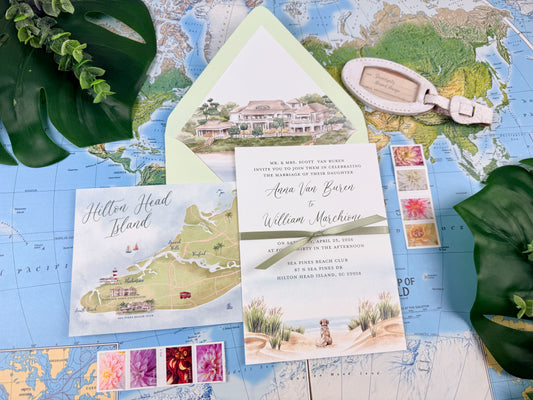 Hilton Head Island Invitation, Coastal Watercolor Venue Wedding Invitation