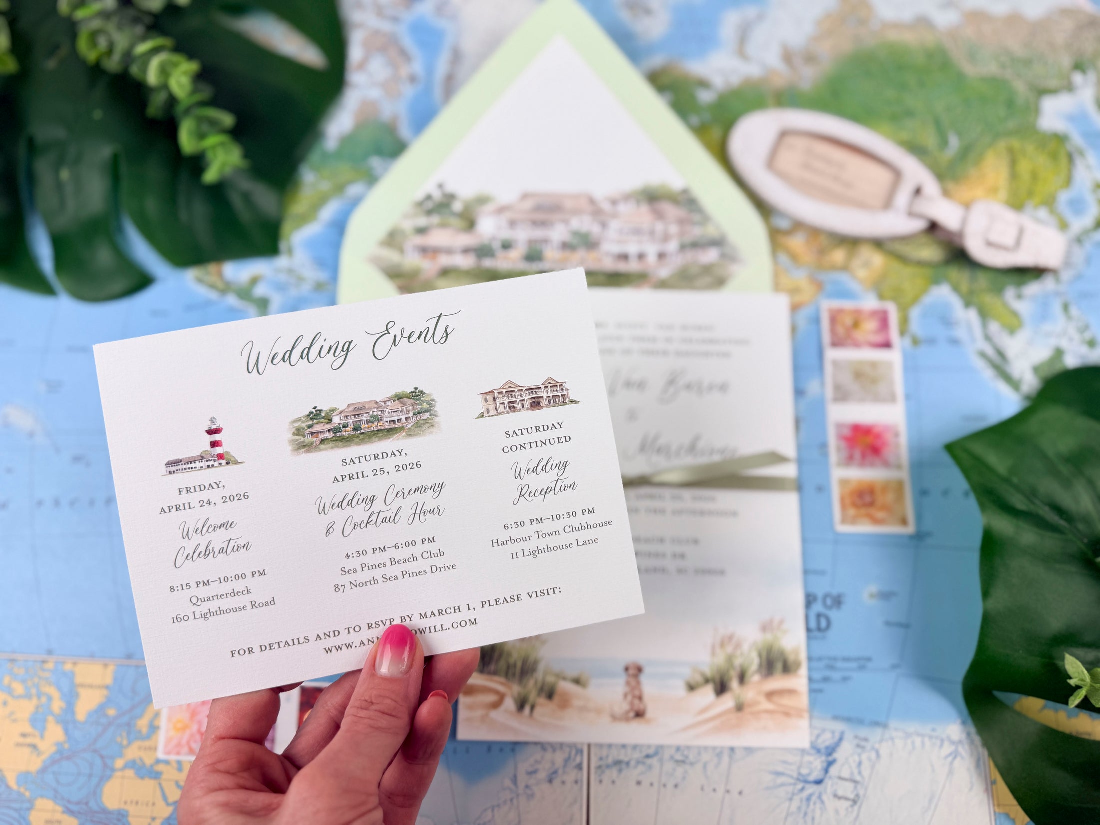 Hilton Head Island Invitation, Coastal Watercolor Venue Wedding Invitation