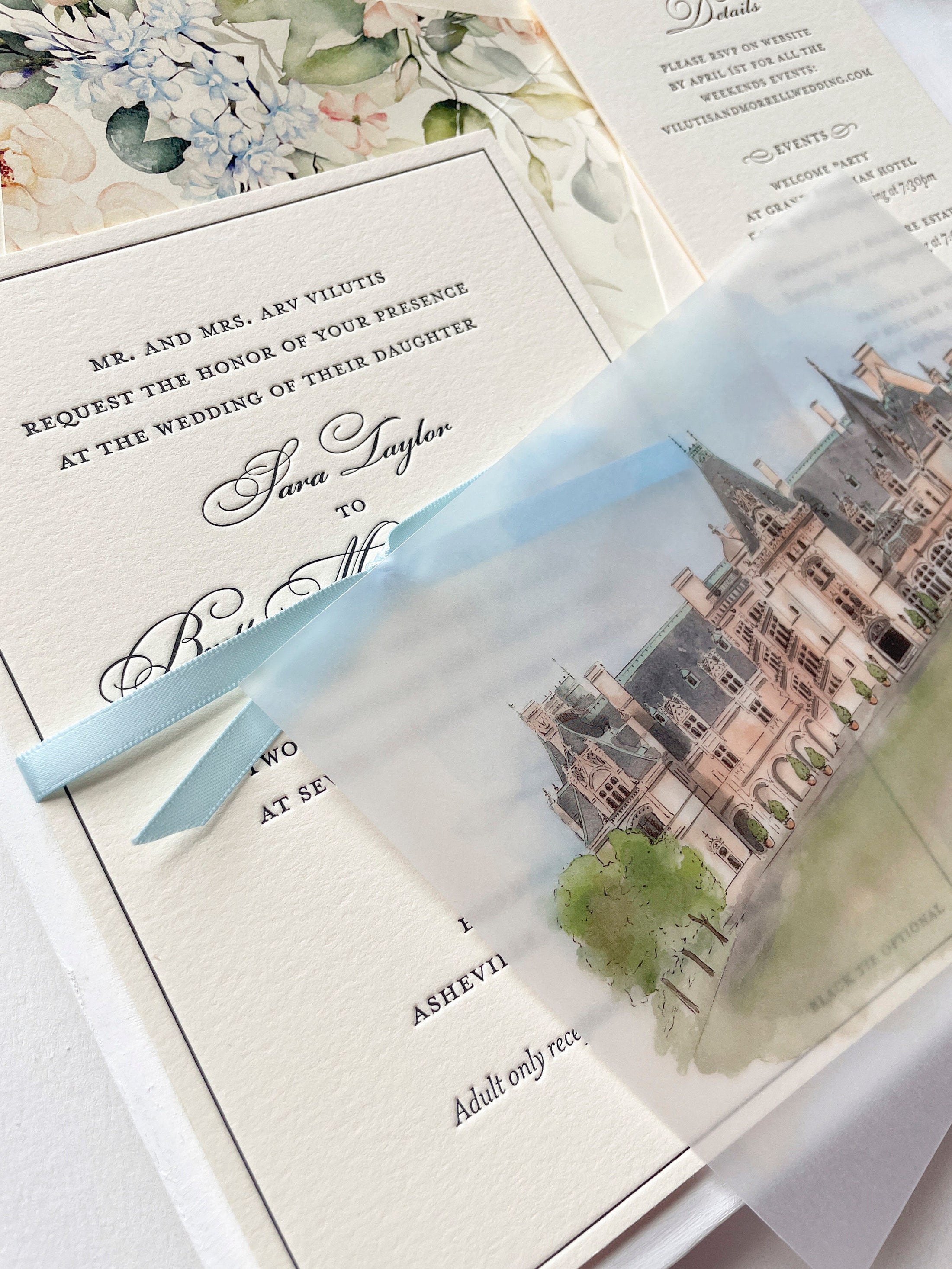Biltmore Vellum Letterpress Wedding Invitation (Asheville, North Carolina)