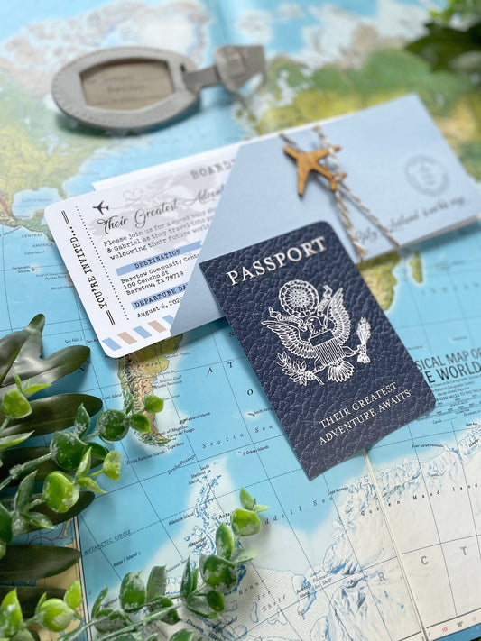 Vintage Air Mail Baby Shower Invitation with Passport Insert (Blue)