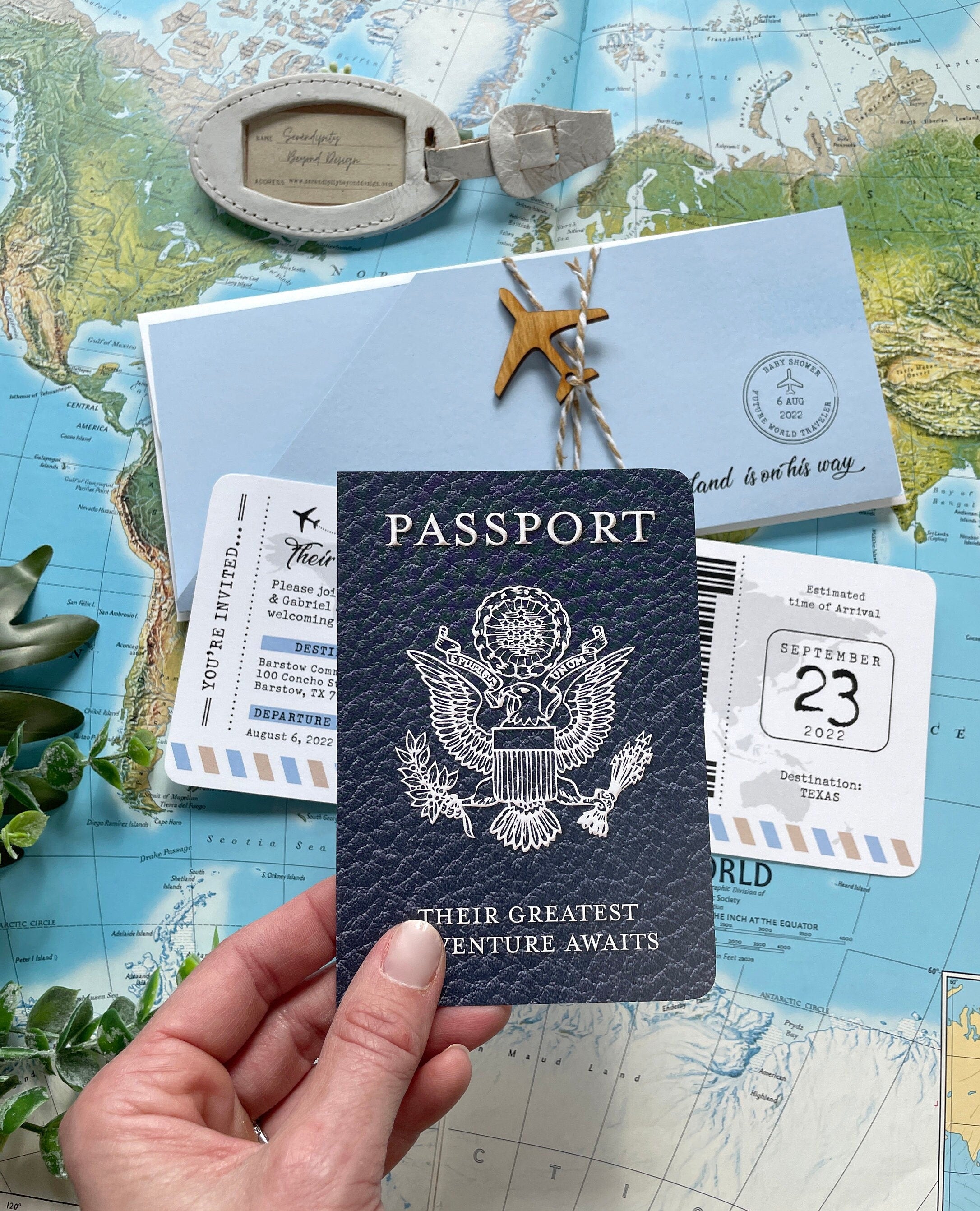 Vintage Air Mail Baby Shower Invitation with Passport Insert (Blue)
