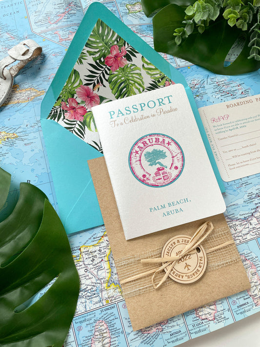 Aruba Passport Destination Wedding Invitation (Palm Beach)