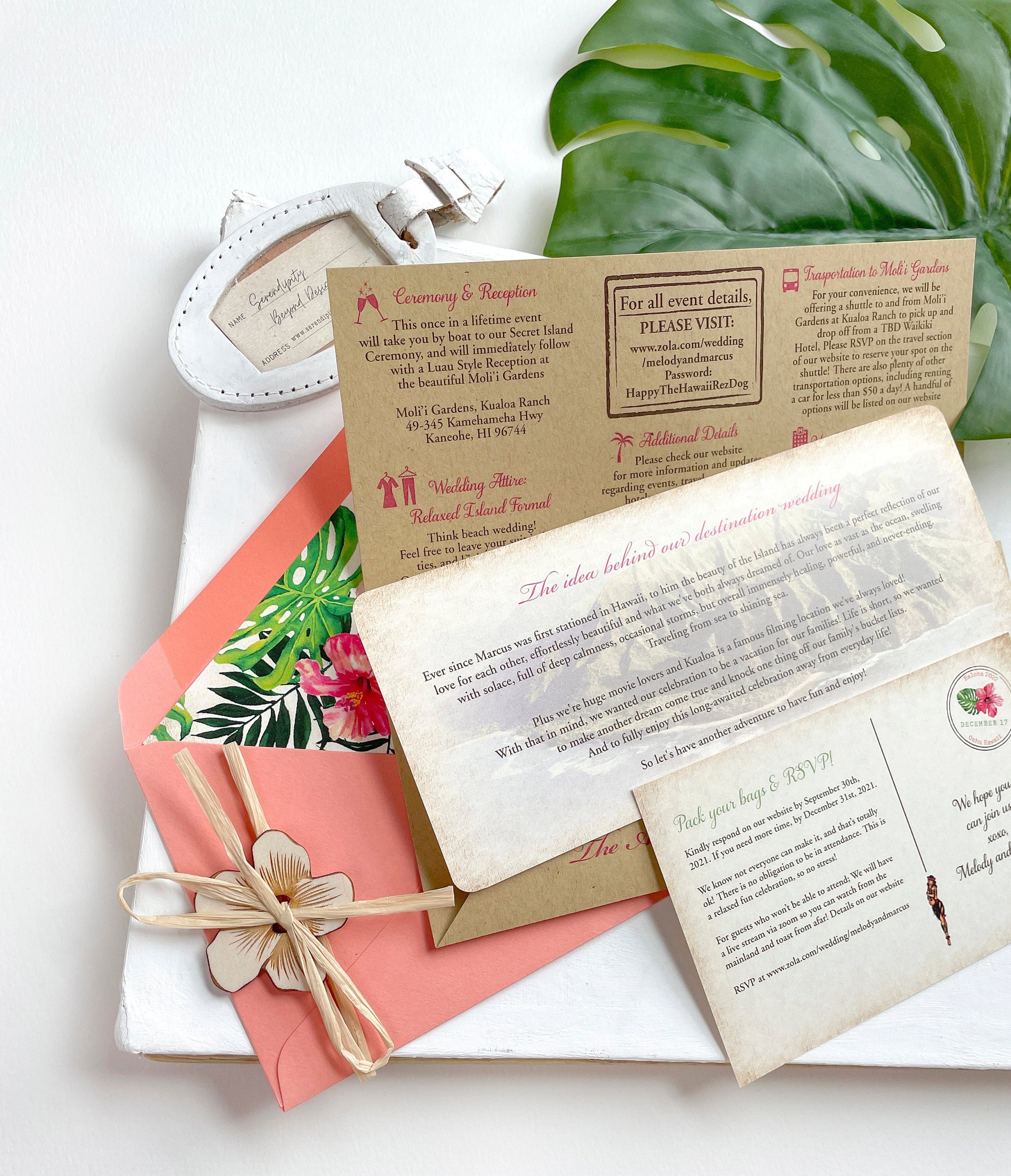 Retro Floral Boarding Pass Wedding Invitation (Oahu, HI)