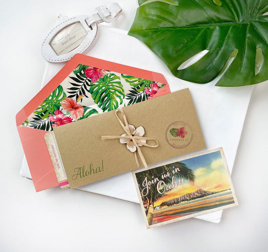Retro Floral Boarding Pass Wedding Invitation (Oahu, HI)