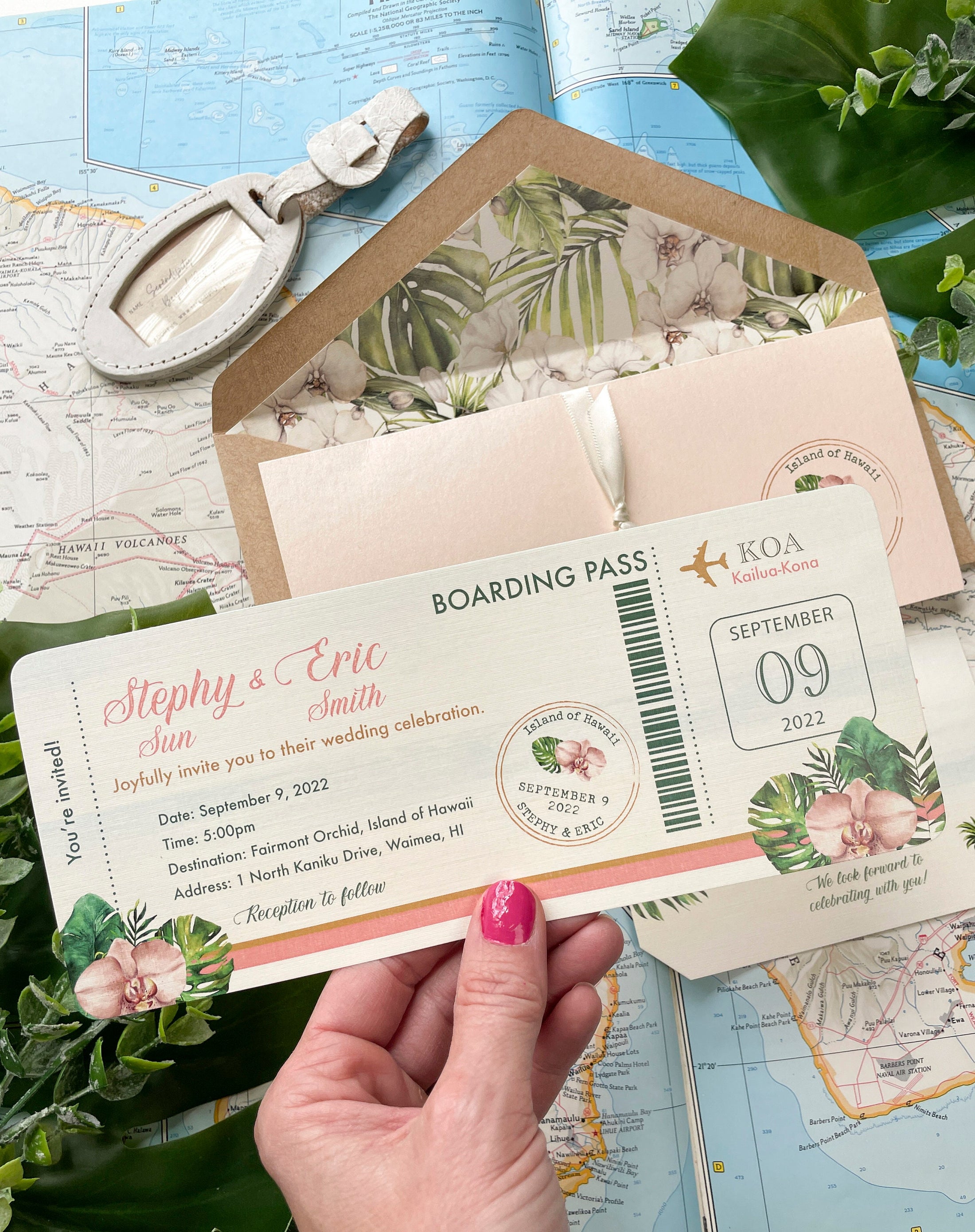 Elegant Orchid Boarding Pass Wedding Invitation (Waimea, HI)
