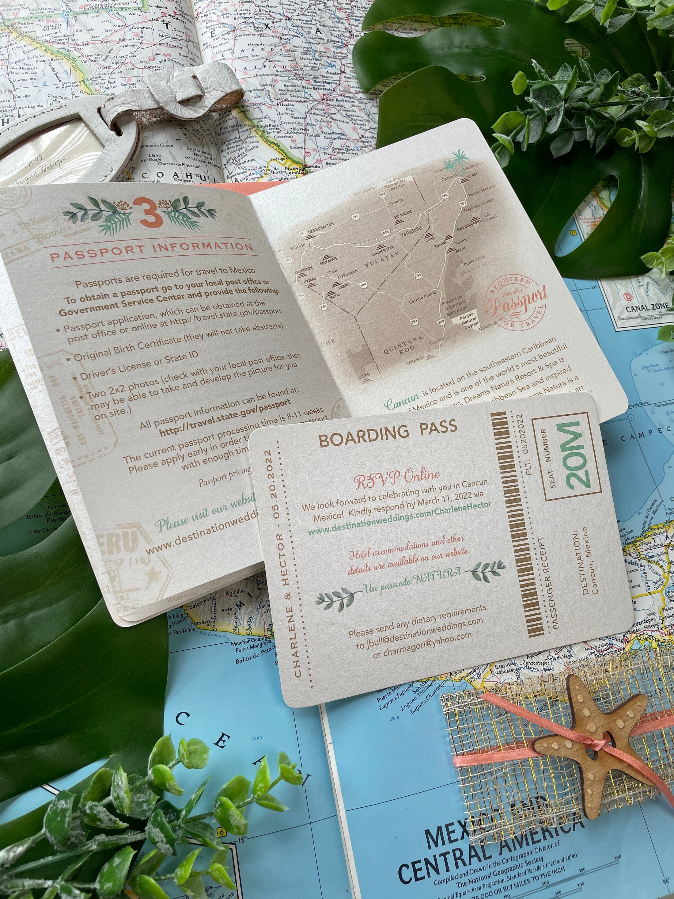 Coral Starfish Passport Wedding Invitation (Cancun, Mexico)