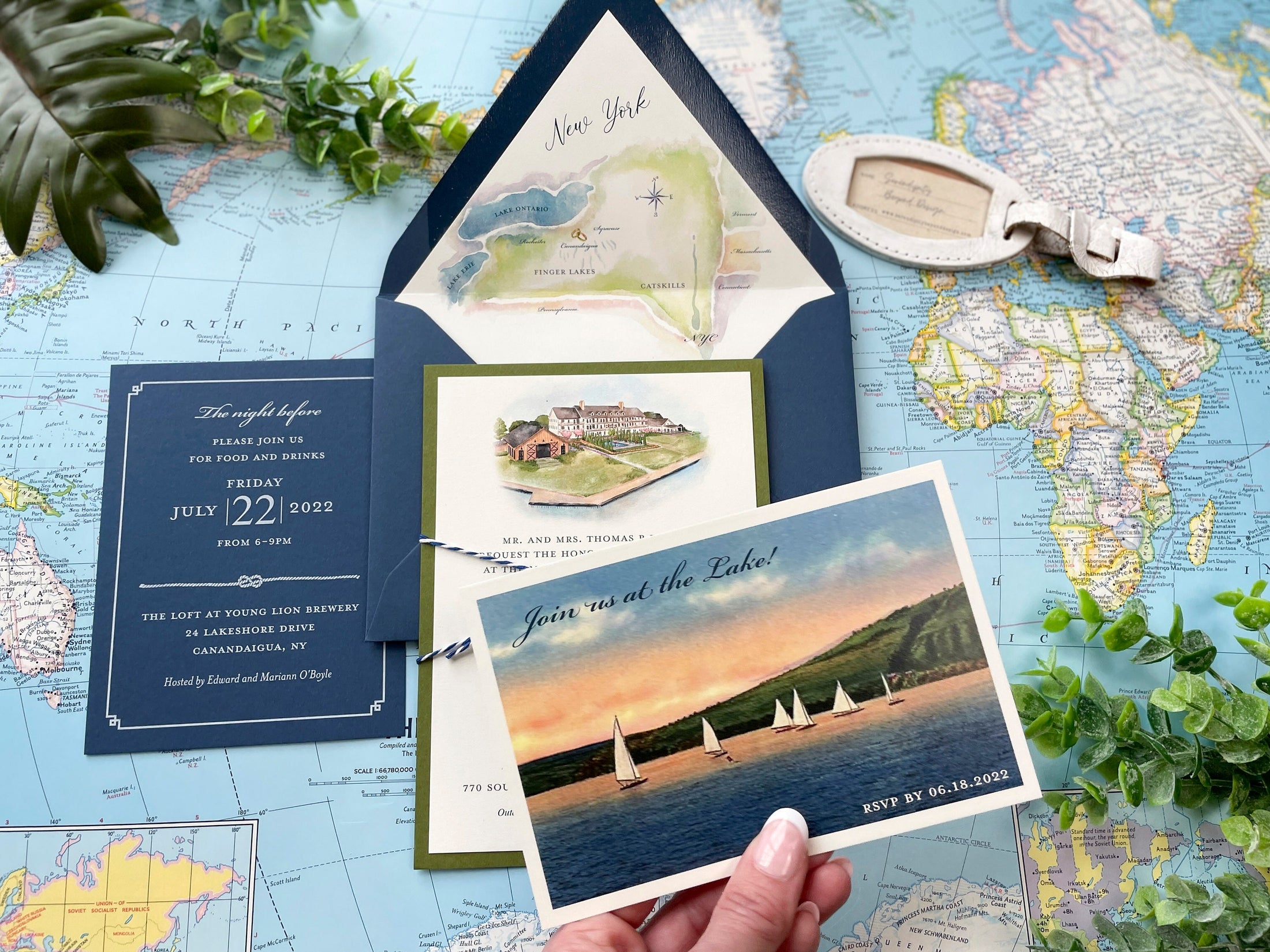 Watercolor Lake House on Canandaigua Wedding Invitation (Finger Lakes, New York)