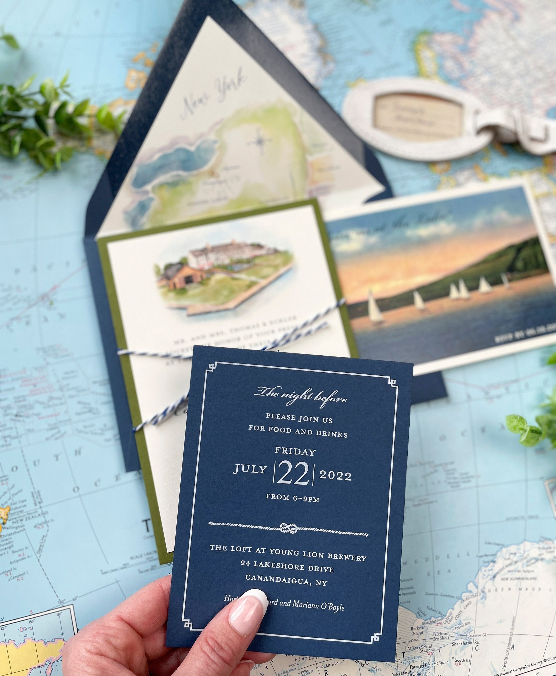 Watercolor Lake House on Canandaigua Wedding Invitation (Finger Lakes, New York)