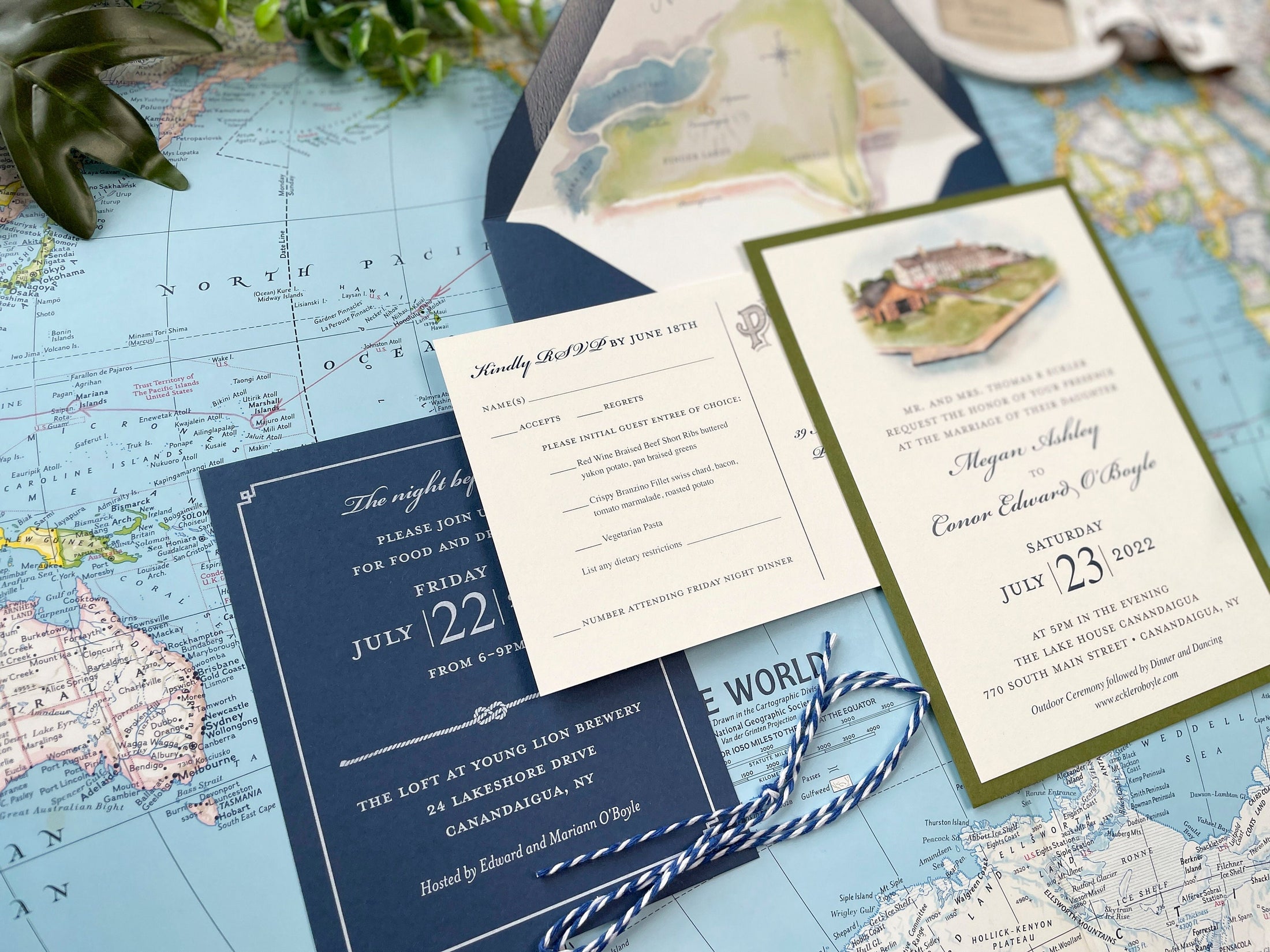 Watercolor Lake House on Canandaigua Wedding Invitation (Finger Lakes, New York)