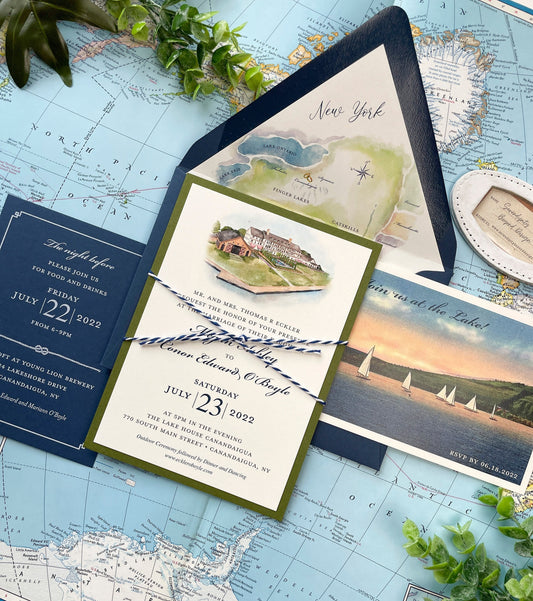 Watercolor Lake House on Canandaigua Wedding Invitation (Finger Lakes, New York)